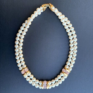 Vintage Napier Double Strand Faux Pearl Rose Quartz Necklace Gold Tone 16"